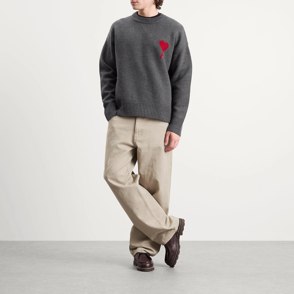 AMI Paris Men's Felted Merino Wool Knit ADC Crew Neck Jumper Gris Chine / Rouge
